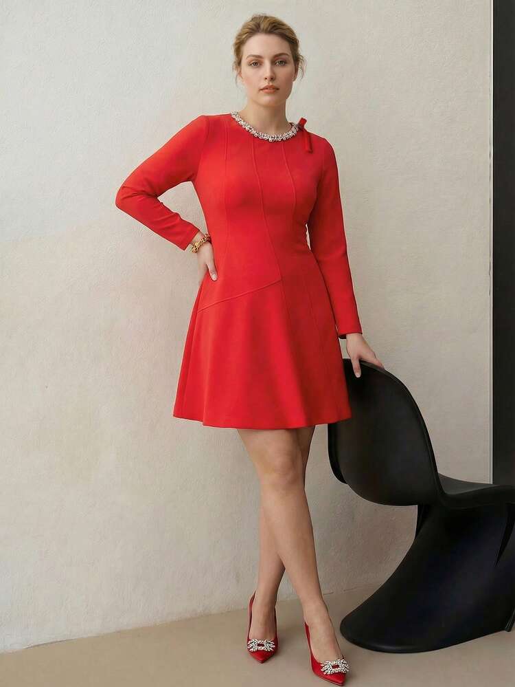 WOMEN'S PLUS RED RHINESTONE DETAIL BOW DECOR COCKTAIL PARTY DRESS