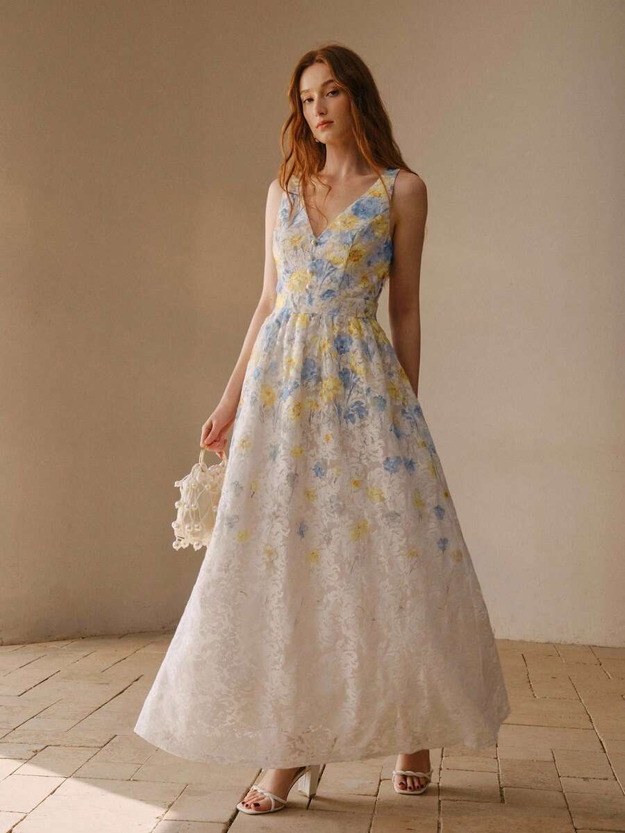 MOTF PREMIUM 女士V领碎花收腰长连衣裙 - 藍白色 - 查看 1