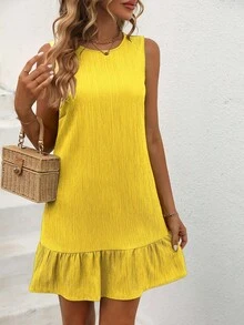 Breezaya Women Fashionable Solid Textured Ruffle Hem Sleeveless Dress Summer Vacation Beach Outfit Casual Holiday Plus Sun Short Dresses Yellow Summer Clothes - Mustard Yellow - View 5