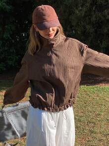 Livesso Women's Regular Fit Turtleneck Drawstring Tie Textured Jacket Spring - Coffee Brown - View 4