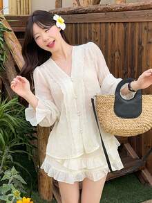 DAZY 2pcs Women V-Neck Ruffle Trim Casual Blouse Set - White - View 6