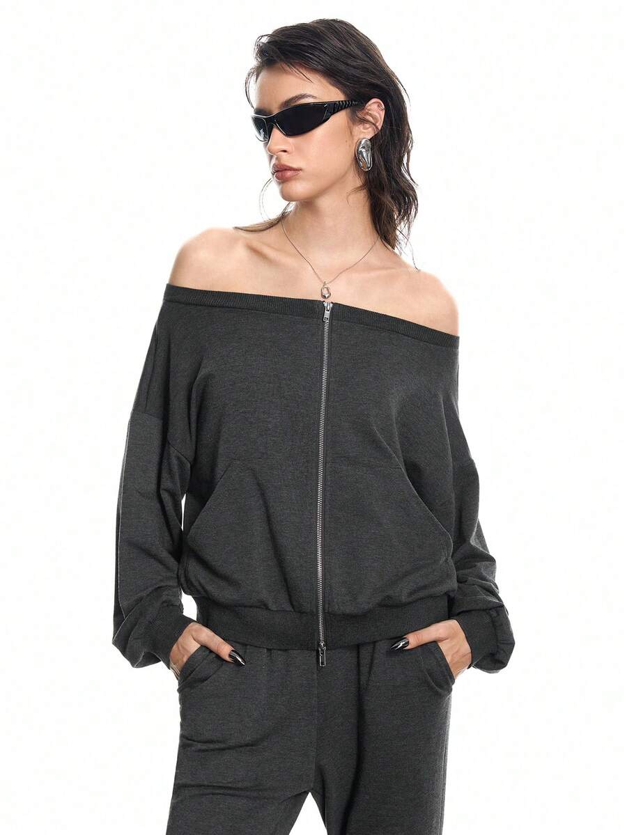 Airlisse Women's Fashionable Party Clubbing Silver Zip-Up Sweatshirt, Spring/Autumn - Dark Grey - View 1