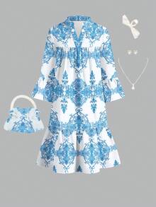 SHEIN 少女休闲度假传统复古靛蓝蜡染花卉图案连衣裙，甜美优雅的蝴蝶结印花宽松长裙，适合春夏日常、度假、旅行、休闲度假穿着，舒适易穿，休闲百搭，春夏装扮，充满春日气息，时尚少女，儿童蜡染图案服装，春夏新款 - 彩色 - 查看 3