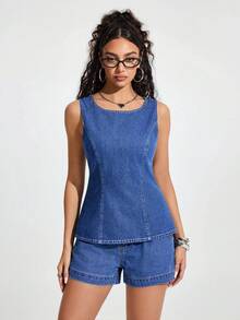 Jeanoix Women's Round Neck Backless Twist Denim Sleeveless Top - Blue - View 5