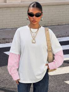 Muchica Women's New 2 In 1 Round Neck Loose Long Sleeve T-Shirt, Spring/Summer - Pink - View 6