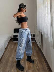 StreetHx Women's Gothic Pattern Drawstring Waist Pockets Wide Leg Loose Casual Jeans - Light Wash - View 4