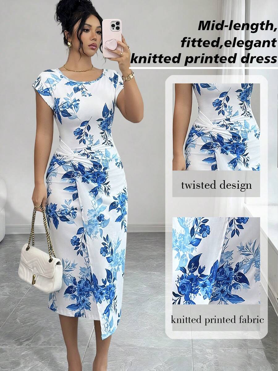 Elenzga 优雅中长款短袖连衣裙，适合约会、聚会和日常穿着，修身设计搭配扭结装饰，既显身材又显瘦，优雅的印花连衣裙也适合婚礼、派对和时尚场合。 - 藍色 - 查看 1
