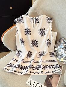 Louniche Blusa sin mangas con volantes y estampado de textura de bambú para mujer - Blanco - Ver 2