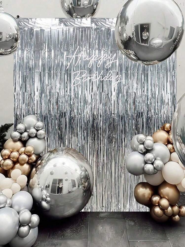 3pcs - 2m Long Metallic Foil Fringe Curtain, Shiny Backdrop, Wall Decor, Door Tassel Drapes, In Black, White, Gold, Silver, Red, Pink, Green, Rose Gold, Purple, Hot Pink, Light Green, And Blue, Suitable For New Year, Birthday, Valentine's Day, Wedding, Engagement, Party Backdrop - Multicolor - View 15