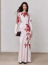 ZEYLAH Slanted Print Fitted Off-Shoulder Flare Sleeve Dress, Spring