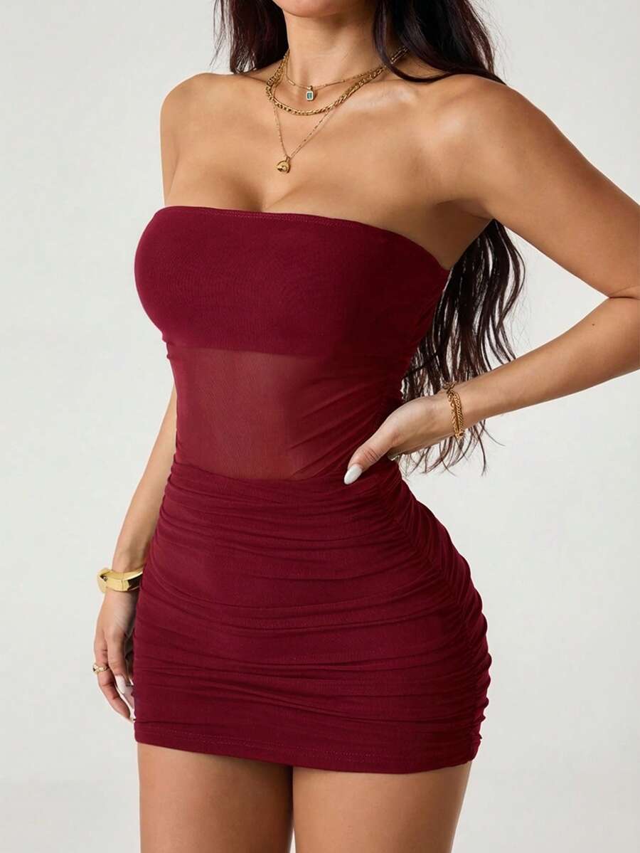 SHEIN PETITE 女士纯色网纱拼接褶皱修身迷你抹胸连衣裙