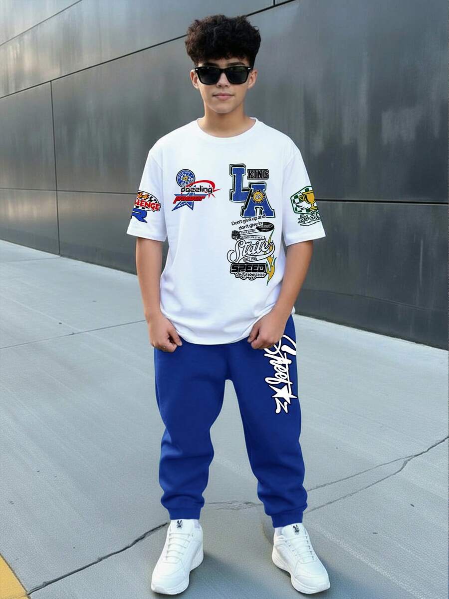 2pcs Tween Boy Casual Y2K Graffiti Letter Print Short Sleeve T-Shirt And Pants Set, Suitable For Spring/Summer - White - View 1