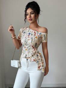 SHEIN Tall Women's Asymmetric Hem Floral Print Tight Fit One Shoulder T-Shirt, Spring/Summer - Multicolor - View 6