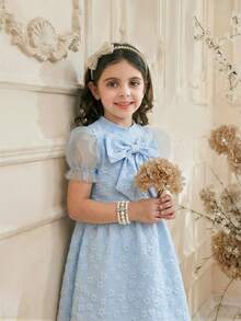 Glamorique Kids Kids Everyday Casual Light Blue Polyester Mini Dress A Line Half Sleeve Puff Sleeve Round Neck Big Bow - Blue - View 6