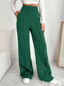 EURMUSE Women's Casual Versatile Commuter Solid Color High Waist Suit Pants - Green - View 4