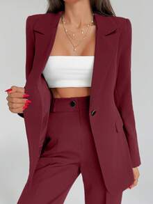 EURMUSE Bộ quần áo hai mảnh màu trơn dành cho nữ, gồm áo blazer và quần dài. - Màu Đỏ Sâu - Xem 3