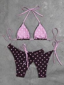 Swim Mod Women's Summer Beach 2 Pieces Polka Dot Random Print Tie Strap Triangle Cup Matching Reversible Triangle Bottoms Sexy Bikini Set - Multicolor - View 2