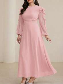Modelyn Long Round Neck Ruffle Sleeve Black Dress - Pink - View 7