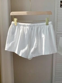 SHEIN PETITE CURVE 大码女式纯色系带腰部休闲宽松短裤 - 白色 - 查看 3