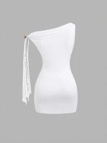 Sweetra Asymmetrical Shoulder Metal Floral Detail Bodycon Mini Dress - White - View 2