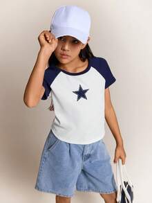 Radiana Tween Girls' Casual Simple Comfy Patchwork Contrast Star Print Round Neck T-Shirt - Blue - View 1