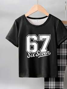 1set Boys' Casual Plaid & Numeric Print Short Sleeve Top And Pants Pajama Set - Black - View 6