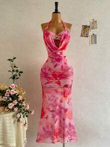 Soleia 女士性感浪漫度假露背系带拼接罩杯金属花卉装饰深V连衣裙，适合海滩、邮轮、城市度假、约会、音乐节，波西米亚风格 - 粉色 - 查看 7