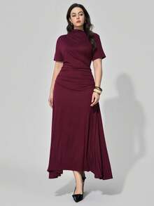 Maija Plus Size Women Burgundy Solid Stand Collar Short Sleeve Ruched Pleated Elegant Maxi Dress, Summer Wedding Party Beach Vacation Casual Outfit - Brown - View 5