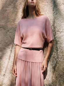 Maija Áo len nữ tay ngắn cổ thuyền màu hồng nhạt, kiểu dáng thường ngày, thích hợp đi chơi, dự tiệc Valentine, mùa xuân, đi biển, mùa xuân đến hè. - Hồng - Xem 5