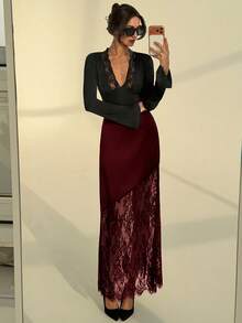 Aloruh 秋冬新款浪漫约会棕色缎面撞色蕾丝A字长裙，情人节女士穿搭 - 酒紅色 - 查看 3