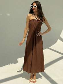 Aloruh Đầm dài xếp ly hở lưng màu sâm panh mới, kiểu dáng tối giản, trang trí quả cầu kim loại, dáng rộng và tôn dáng. - Cà phê nâu - Xem 4