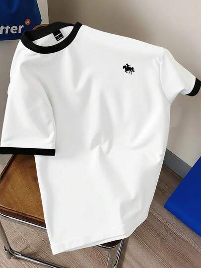 Manfinity Joysei Classic Versatile White With Black Collar Short Sleeve T-Shirt, Minimalist Fashion Casual Horse Logo Design Round Neck T-Shirt Mens T-Shirt