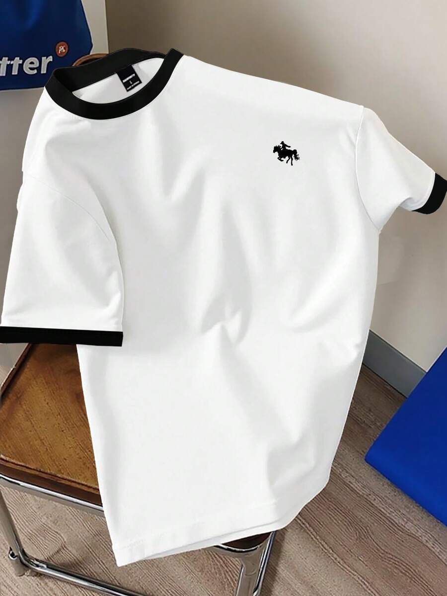 Manfinity Joysei 经典百搭白色黑领短袖T恤，简约时尚休闲马匹标志设计圆领男士T恤 - 彩色 - 查看 1