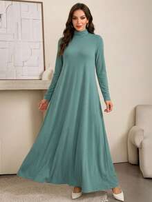 Al Najma Women's Conservative Turtleneck Knit Long Sleeve Undershirt & Abaya Dress Set,Modest Casual Arabian Essential Basic Under Abaya Inner Long Dress - Blue - View 5
