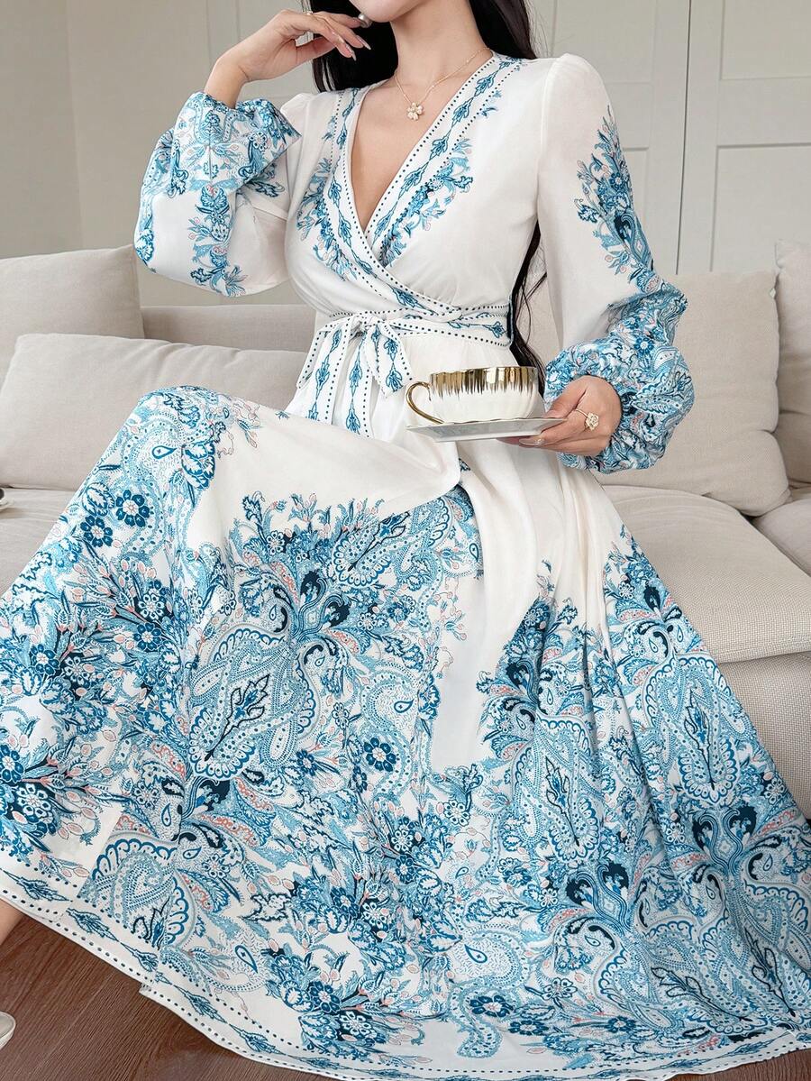 DAZY 女士优雅碎花V领泡泡袖系带中长连衣裙，春夏婚礼宾客礼服/吊带裙 - 藍色 - 查看 1