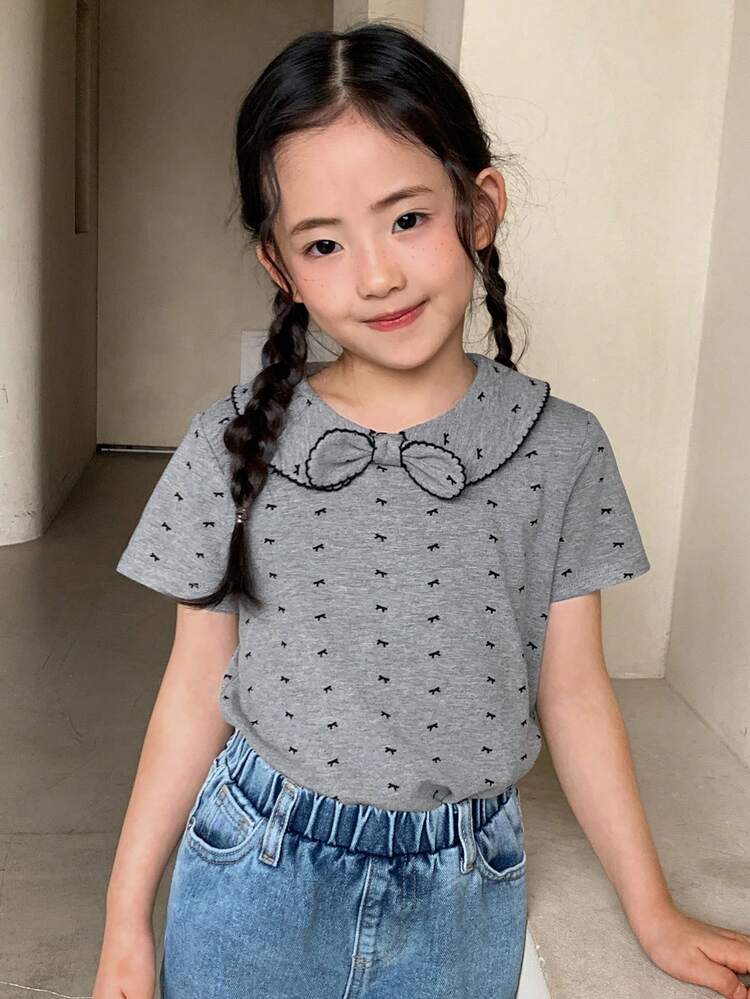 Young Girl' Turndown Collar All-Over Print Bow Decor Korean Style Casual T-Shirt Summer