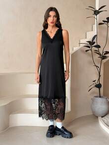 SHEIN Tall Women's Mid-Length Dress With V-Neck Lace Panel - Black - View 6