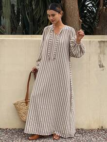 Livesso 高领收腰条纹中长连衣裙，女士吊带裙 - 卡其色 - 查看 3