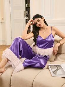 成熟优雅的法式吊带睡衣套装 - 紫色 - 查看 5