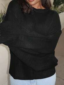 Tyla Gomez Women's Loose Fit V-Neck Long Sleeve Knitted Black Sweater, Autumn/Winter,Tops For School - Black - View 3