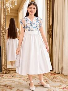 SHEIN Tween Girls' Elegant White V-Neck Short Sleeve Dress,White And Blue Floral Summer Wedding Guest Girl Vintage Midi Dress Puff Sleeves Spring Dress - White - View 3