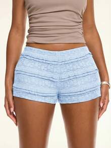 SHEIN BAE Quần short mini cạp thấp phối ren, thích hợp cho kỳ nghỉ hè, tiệc bãi biển, phong cách Bohemian, thời trang nữ Boho, thanh lịch, đi nghỉ mát, lễ hội nhạc điện tử. - Màu xanh nhạt - Xem 3