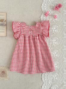 SHEIN Babygirls Summer Red Plaid Cap Sleeve Mini Dress, Countryside Style, Cute Pattern, Lightweight Silhouette, Suitable For Outdoor, Casual, And Party Occasions - Red - View 6