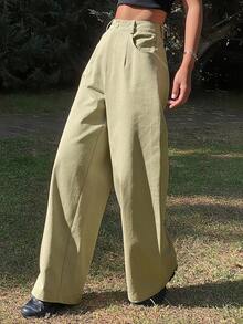 Livesso 女士高腰褶皱休闲宽松阔腿裤 - 卡其色 - 查看 4
