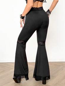 Coolane 女士四季皆宜哥特风 Y2K 演唱会锐舞节外出狂欢文艺复兴集市撞色蕾丝黑色小号喇叭裤 - 黑色 - 查看 4