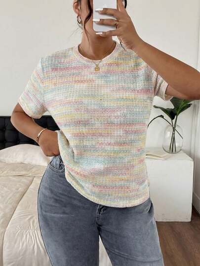 SHEIN Frenchy Áo thun tay ngắn cổ tròn dáng ôm, màu sắc sặc sỡ, cỡ lớn, kiểu dáng thường ngày.