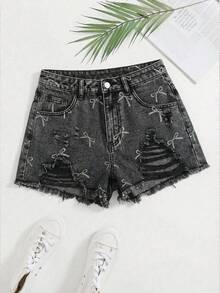 GlowEve 女士休闲做旧蝴蝶结印花牛仔短裤，夏季 - 黑色 - 查看 1