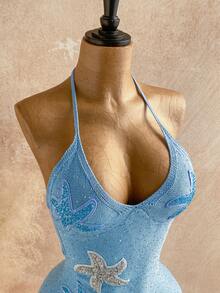 Soleia Vestido mini de escote cuadrado, ajustado y con lentejuelas con forma de estrella de mar, estilo vacacional, sexy y encantador, adecuado para primavera/verano - Celeste - Ver 4