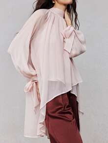 ZEYLAH Mandarin Collar Ruched Asymmetrical Hem Romantic Blouse, Spring - Baby Pink - View 6