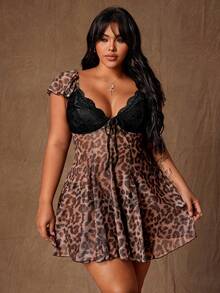 Rustia Elegant Sexy Lace Leopard Print Sheer Fitted A-Line Mini Dress, Cute Plus Size - Coffee Brown - View 3